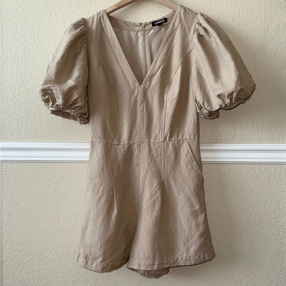 Express Linen-Blend Puff Sleeve Romper Neutral Cream Tan Size XS - Picture 2 of 14